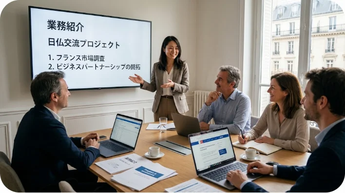 会議室で自分の担当業務をフランス語で堂々とプレゼンテーションしている様子