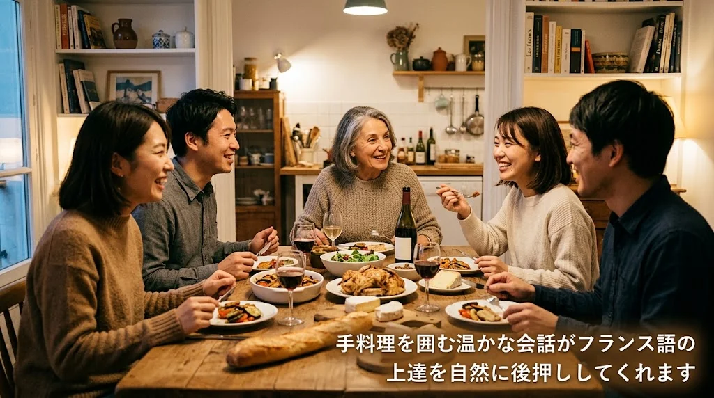 温かい食卓を囲みながら笑顔で料理とフランス語の会話を楽しむホームステイ先の食事風景