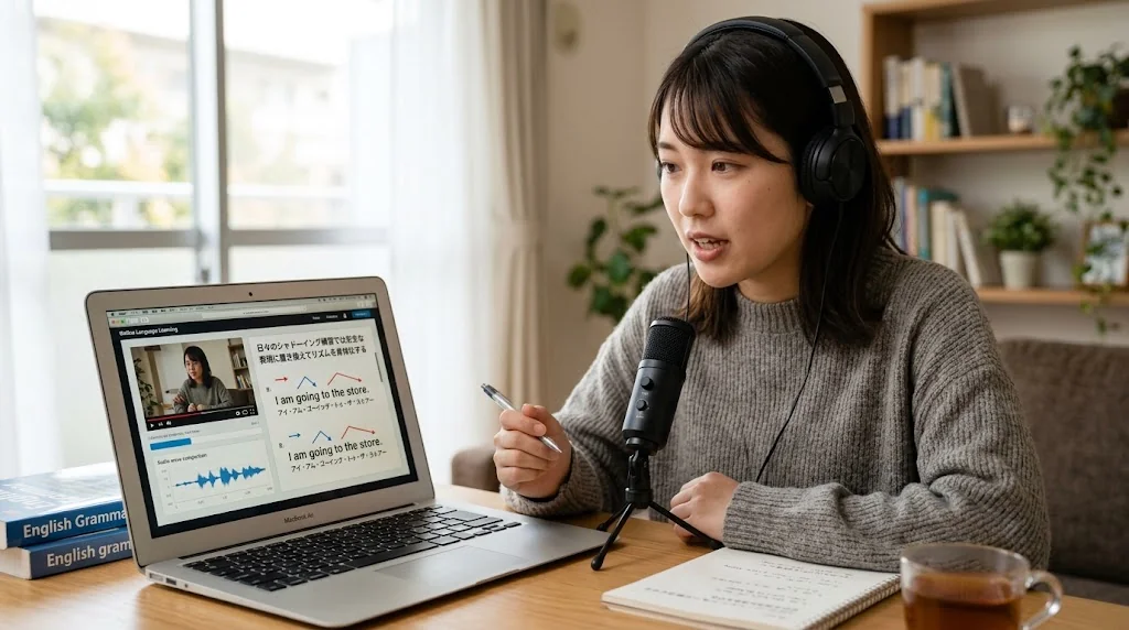 フランス語の音声教材とノートが置かれた学習机