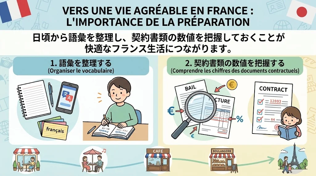 机の上に置かれたフランス語学習教材と電気料金の明細書