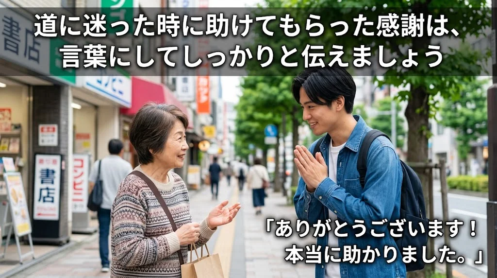 石畳の美しいフランスの街並みで、フレンドリーな地元のフランス人が地図を指差しながら、東アジア人の旅行者に道を教えている。両者とも笑顔でコミュニケーションを取っている。