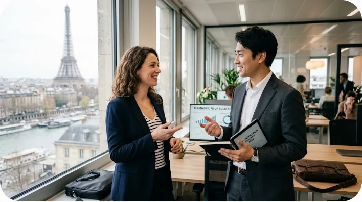 オフィスで同僚とお互いに感謝を伝え合いながら仕事を進める様子