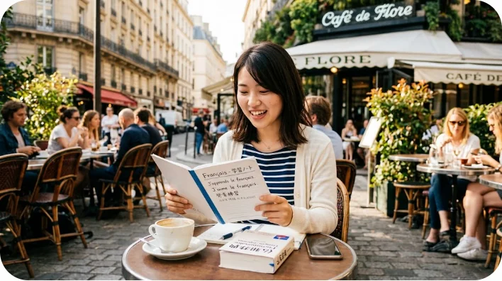 カフェでノートを広げてフランス語の発音や単語を練習する学習者