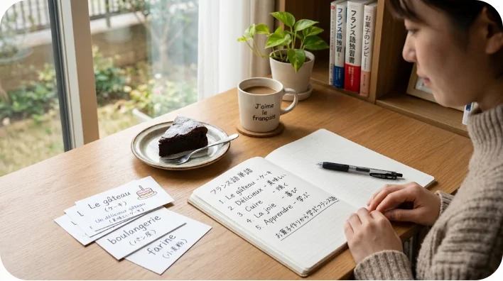ノートやフランス語の単語帳、そして焼き上がったケーキが置かれた居心地の良い学習デスク