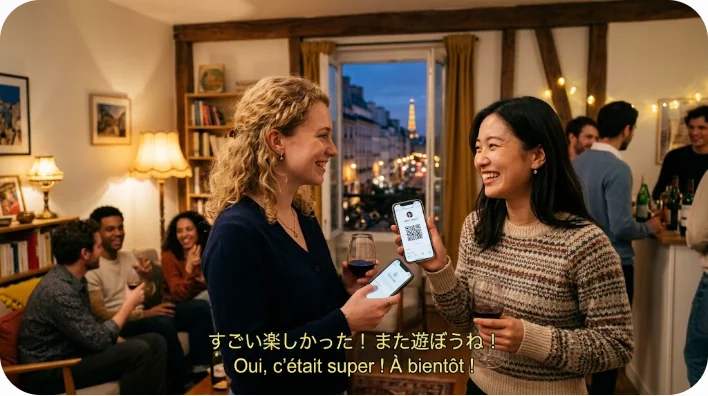 スマートに連絡先を交換して笑顔で次の行動に移る様子