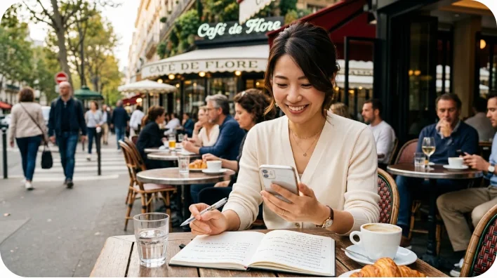 カフェのテラスでフランス語のフレーズを学習・確認する様子