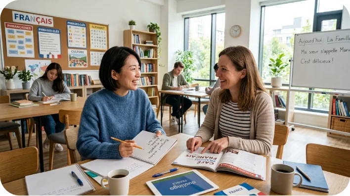 講師と一緒にフランス語の会話フレーズを実践的に声に出して練習する学習者