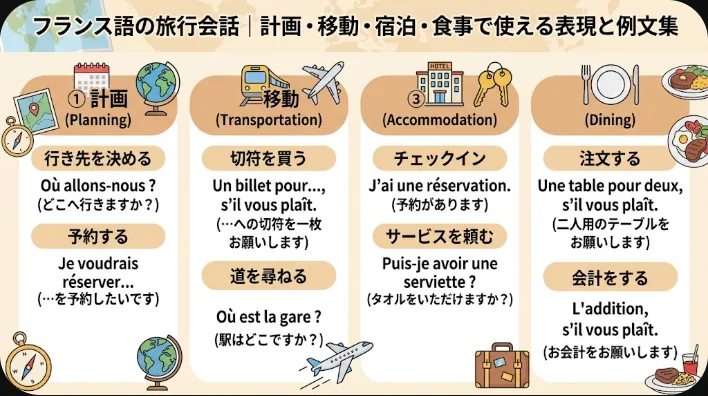 手帳とバスの路線図、市街地図を広げて旅の計画を相談している机の上の様子