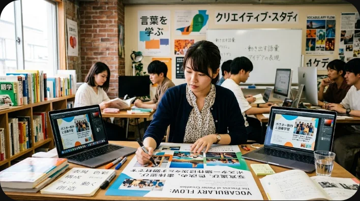 淡いグレーの机に並んだ無地のポスター見本、扇状に広げた書体見本カード、青系の紙見本、ルーペとカッティングマットを真上から撮影した写真