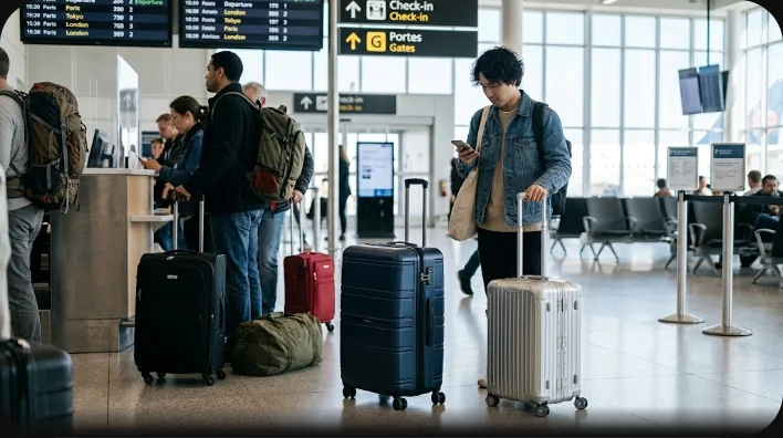 木のテーブルに並べられたスーツケース、リュック、キャスター、南京錠、洗面用具ポーチなどの旅行用品