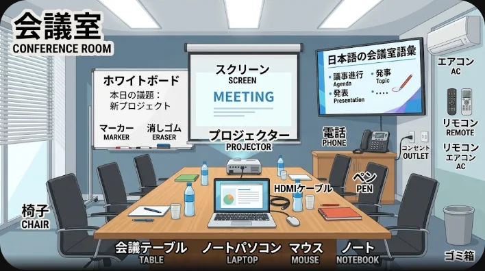 会議室で使う備品を真上から並べた写真。マーカー、HDMIケーブル、電源タップ、プロジェクター、ノートパソコン、水差しと紙コップ