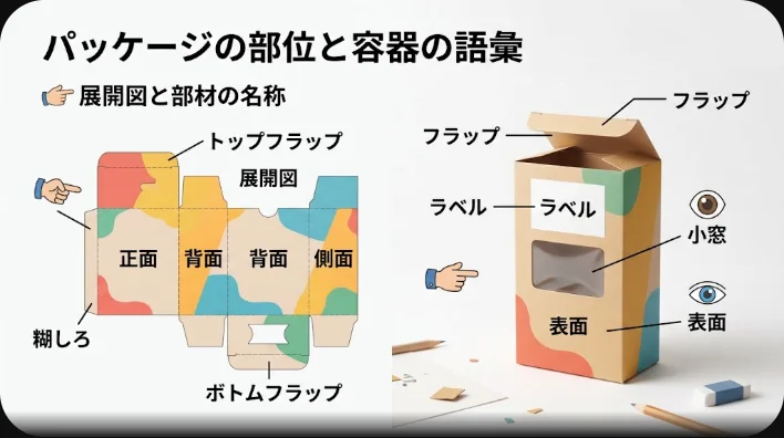 クラフト紙の展開図と、白いラベル、透明な小窓のサンプル、フラップ片、キャップ、定規を真上から撮影した写真