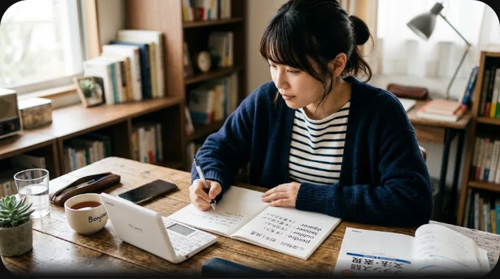 ノート、電子辞書、ペン、眼鏡、届出用紙が並ぶフランス語学習用の机