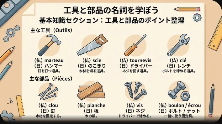 作業台の上に並べられたドライバー、金づち、ネジ、水平器、巻尺、紙やすりを真上から撮影した写真