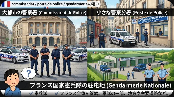 フランスの町にある小規模な警察施設の外観と、入口付近で話す二人の警察官
