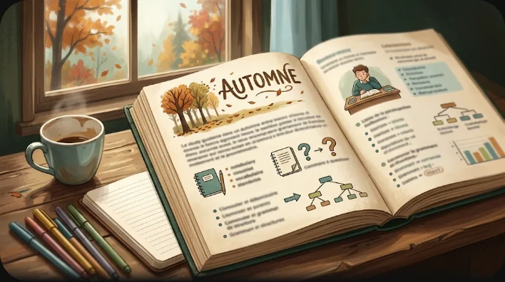 フランス語の季節の語彙を書き込んだノートと辞書、万年筆、紅茶、秋の落ち葉が置かれた学習机を真上から撮影した写真