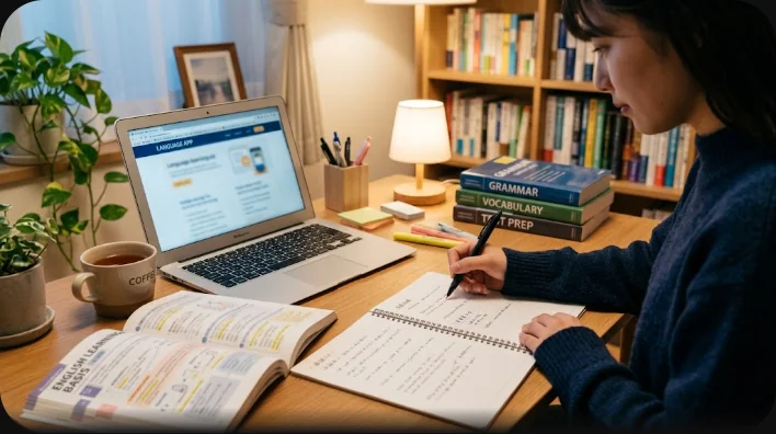 ノートにフランス語の疑問文を書き出し、カードと辞書を並べた学習机を真上から見た様子