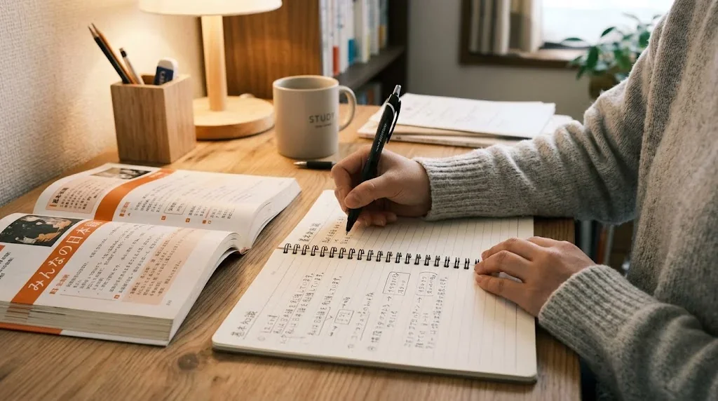 ノート、ポケット手帳、辞書、付箋、紙の市街地図が並んだ語学学習用の机