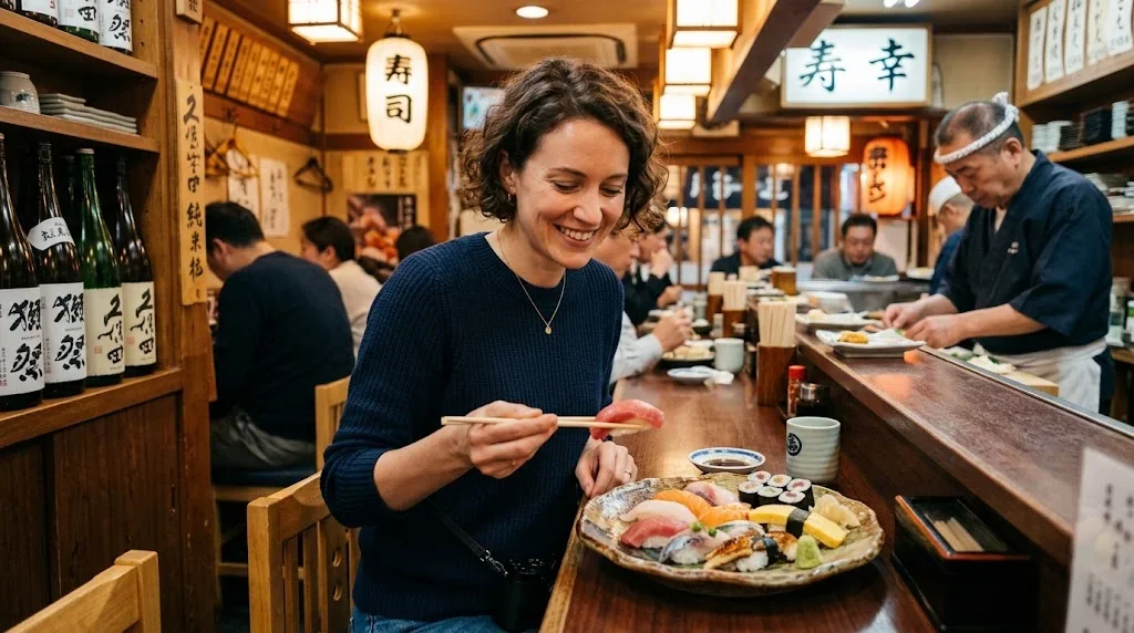 本格的な寿司カウンターで笑顔で箸を持ち、美しい寿司の皿を見つめるフランス人の大人観光客