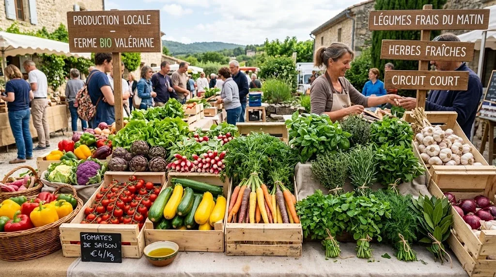 A close-up of a rustic wooden table displaying fresh local vegetables, herbs, and high-quality olive oil, representing the locavore movement in France.