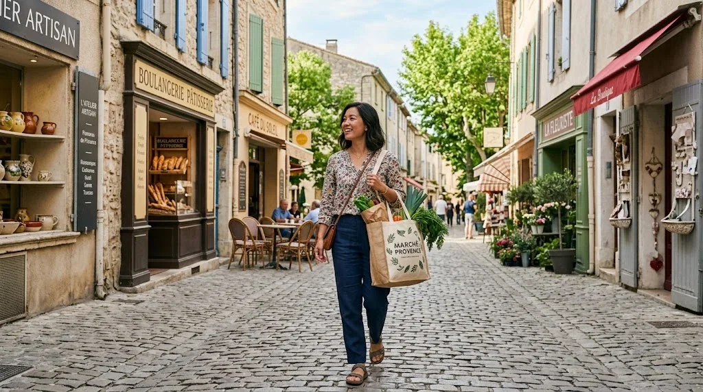 フランスの地方の魅力的な通りを、買い物袋を持って歩く東アジア人女性。周囲の景色を好奇心とワクワクした表情で見渡している。