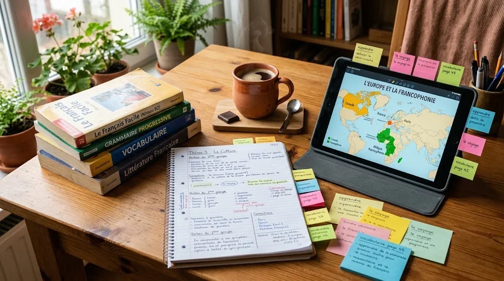 整頓された机の上にフランス語の教科書やノート、世界地図が表示されたタブレットが置かれている様子
