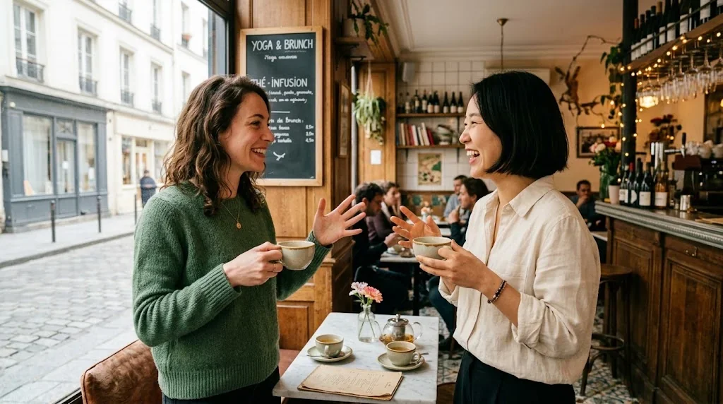 パリのカフェでヨガの体験談を笑顔で語り合う二人の女性