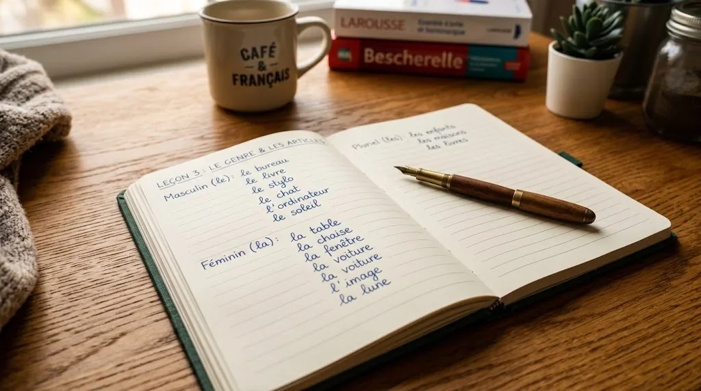 ノートに書かれたフランス語の名詞と冠詞のアップ画像