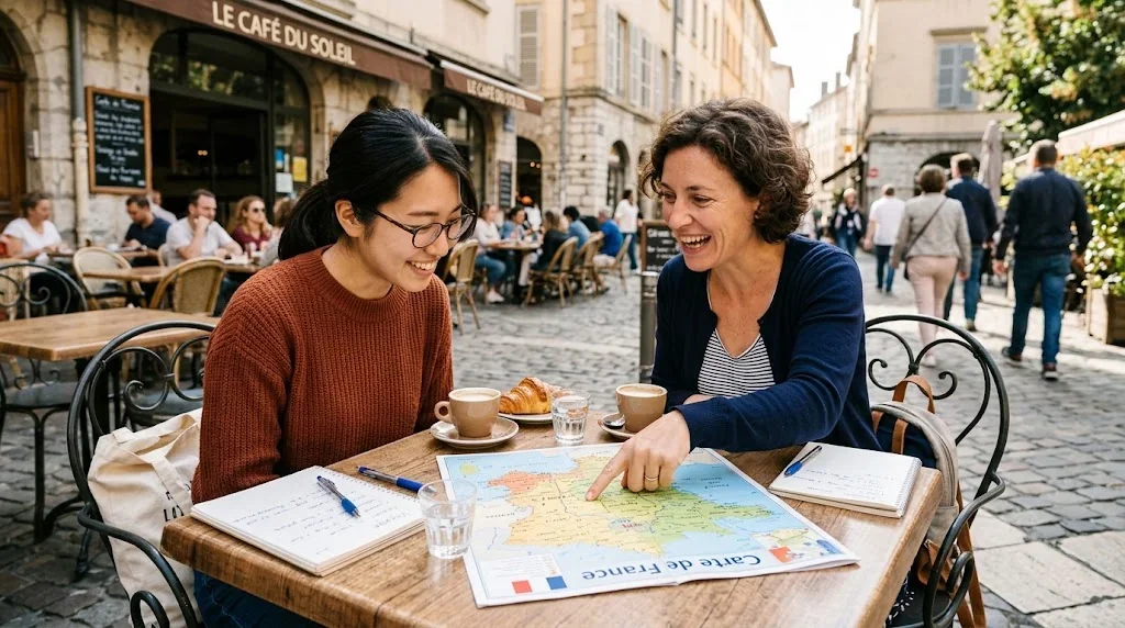訪れた町の変化をフランス語で表現するための会話フレーズと実践ガイドの解説イメージ