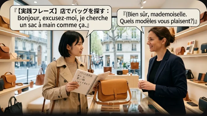 ヨーロッパのカバン店で店員に旅行バッグのキャスターについて質問している東アジア系の客