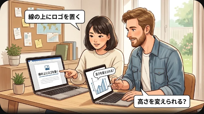テーブル越しにパッケージの試作とレイアウト用紙を見ながら話し合う、東アジア系の学習者とフランス人の同僚