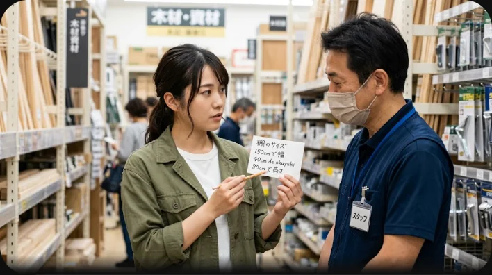 フランスの大型DIY店の木材売り場で、メモと巻尺を持った学習者が店員に板材について尋ねている様子