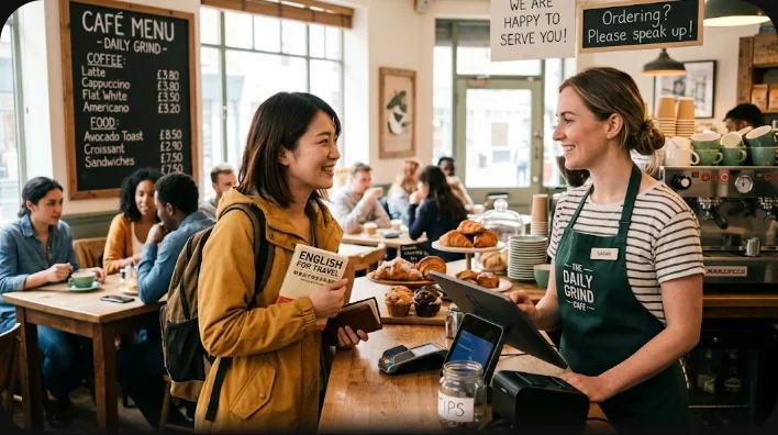 カフェのテラス席で店員が二人の旅行者から注文を受けている様子