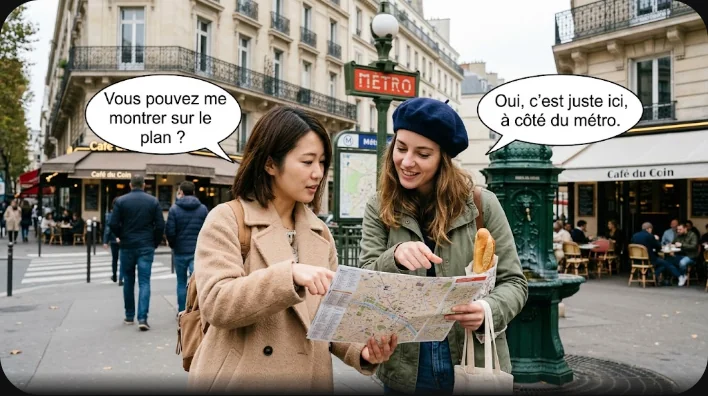 紙の地図を持った旅行者が街角でフランス人女性に道を尋ね、相手が右を指し示している場面