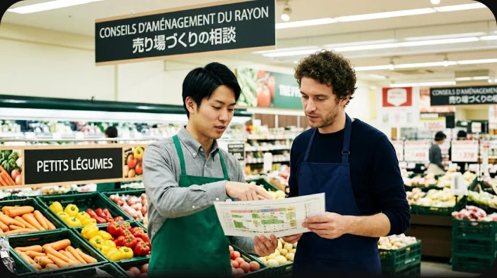インテリア用品店で東アジア系の学習者とフランス人スタッフが枕やシーツ、木製ハンガーをディスプレイテーブルに並べている様子