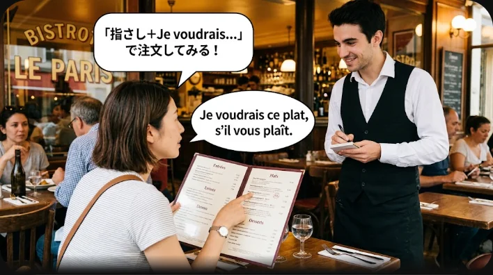 ビストロで給仕にメニューを指さしながら注文する旅行者