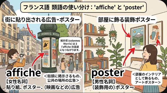自宅の勉強机でノートにフランス語の語彙を書き込みながら、ノートパソコンに表示した抽象的なポスターのレイアウトを確認している若い学習者