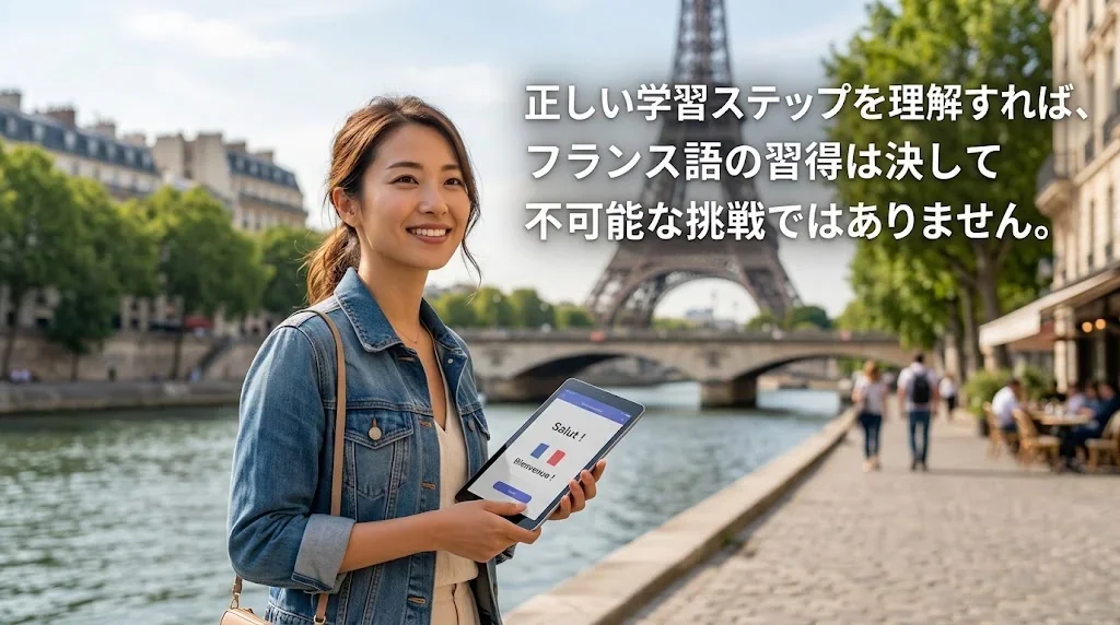 パリの穏やかなカフェの席に置かれたコーヒーとフランス語の参考書
