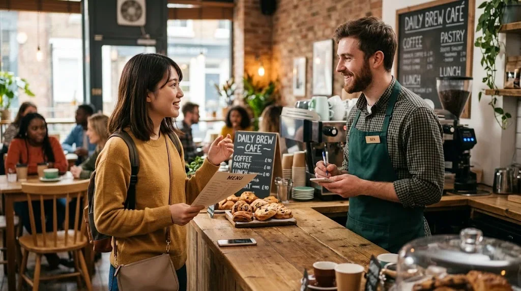 カフェのテラス席で店員が二人の旅行者から注文を受けている様子