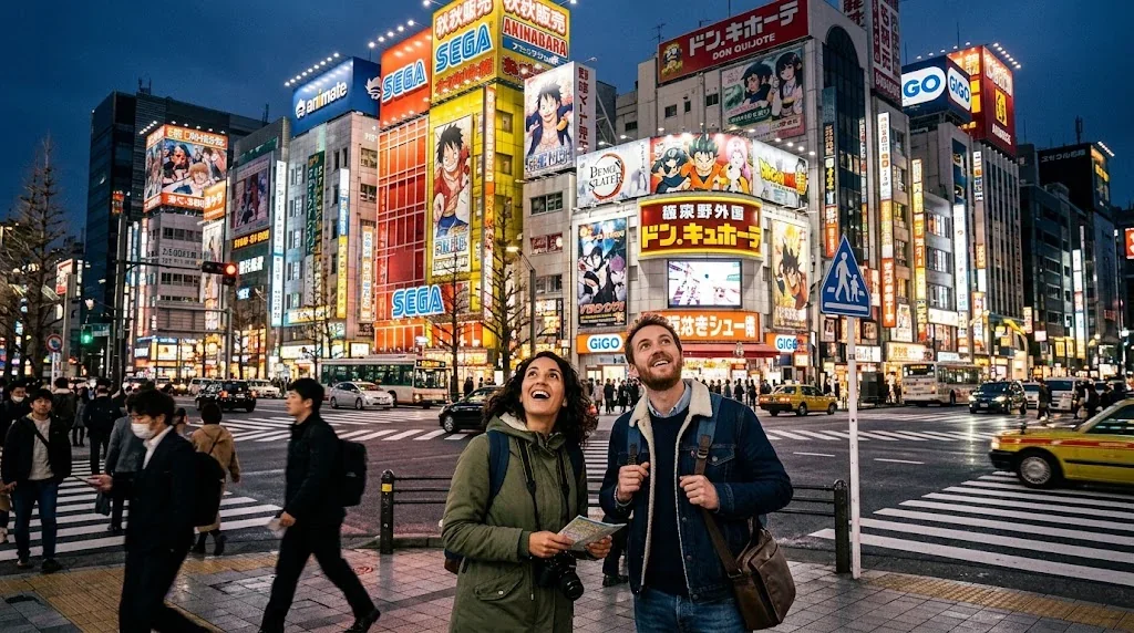 秋葉原の交差点でネオンサインやアニメの看板に驚いた表情で立ち止まる2人のフランス人旅行者