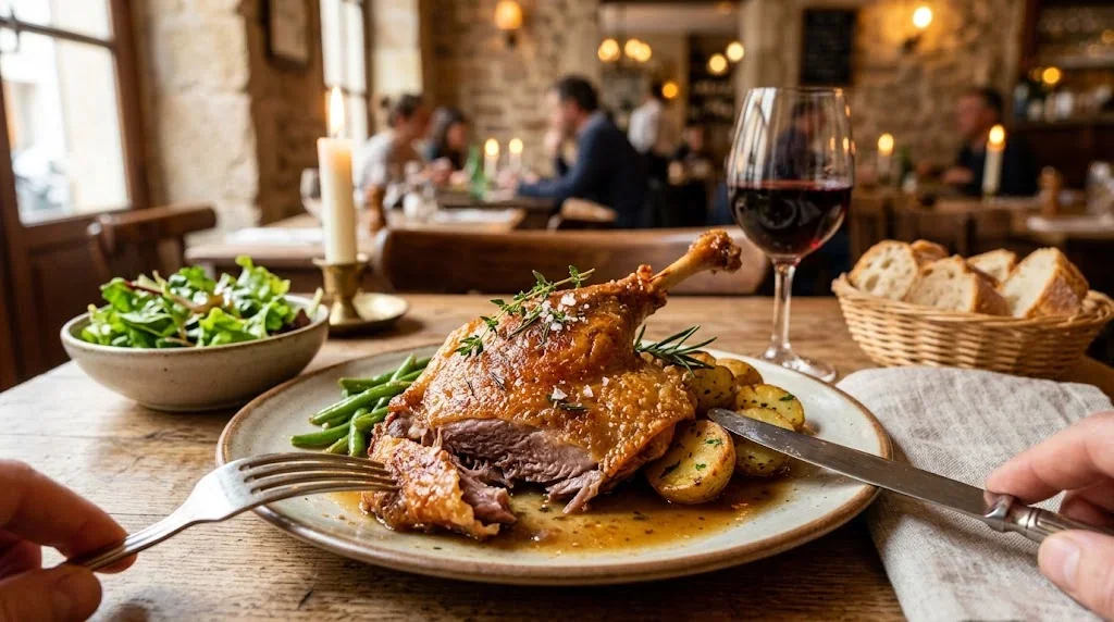 A well-plated traditional duck confit dish with a modern twist, served on an elegant white ceramic plate in a Parisian bistro setting.