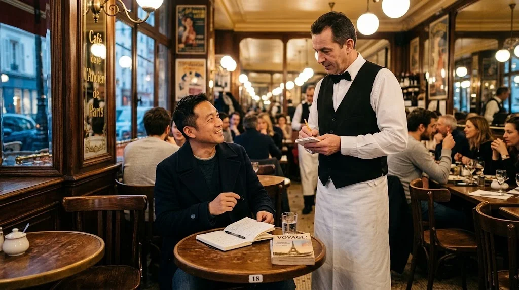 伝統的なフランスのカフェの店内で、東アジア人の男性がウェイターにコーヒーを注文している。テーブルにはノートとフレーズ集が広げられている。
