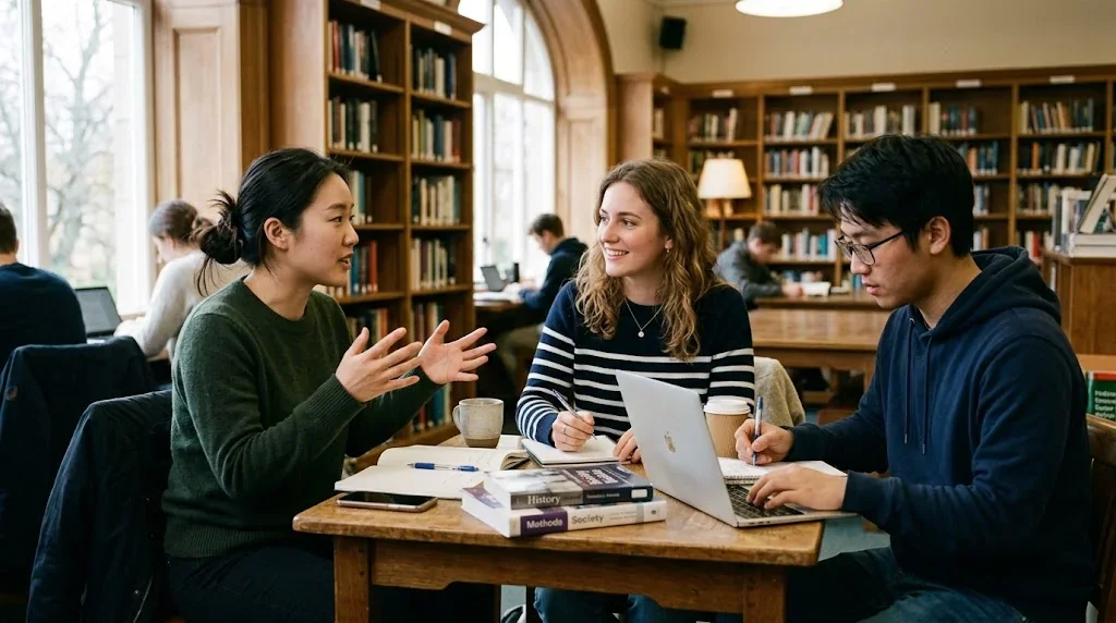 図書館のテーブルを囲み、ノートパソコンを見ながら活発に話し合う3人の学生たち