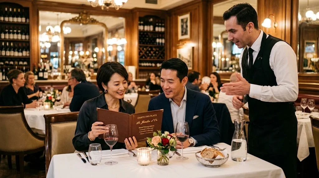 フランスのビストロでウェイターとメニューについて話す旅行者