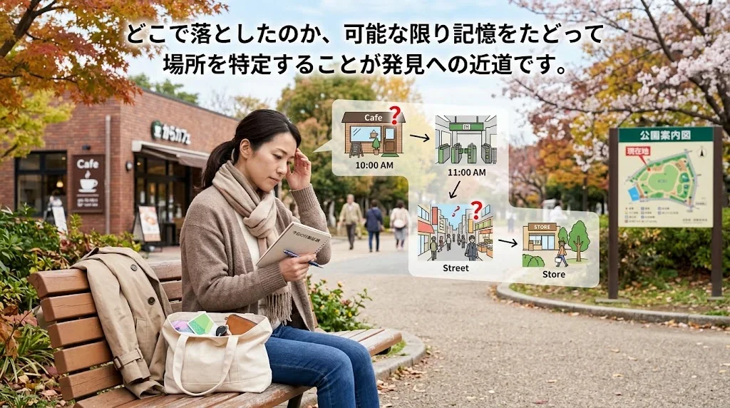 パリの石畳の通りで、落ち葉の中、財布を落としたことに気づいて周囲を探している東アジア人旅行者