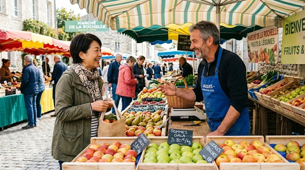 フランスの市場で果物屋の店員と笑顔で話す東アジア人観光客