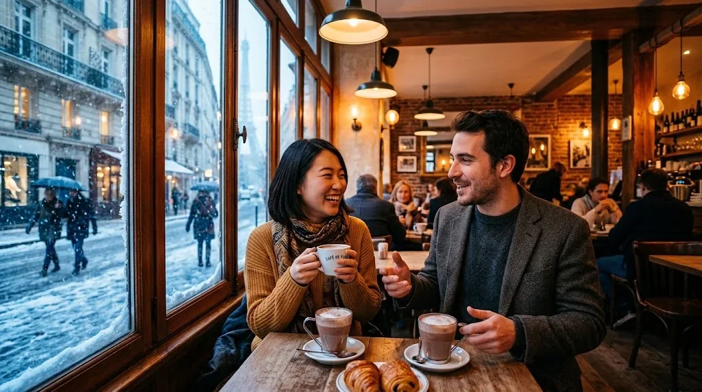 パリのカフェでホットチョコレートを飲みながら会話する東アジア人女性とフランス人男性