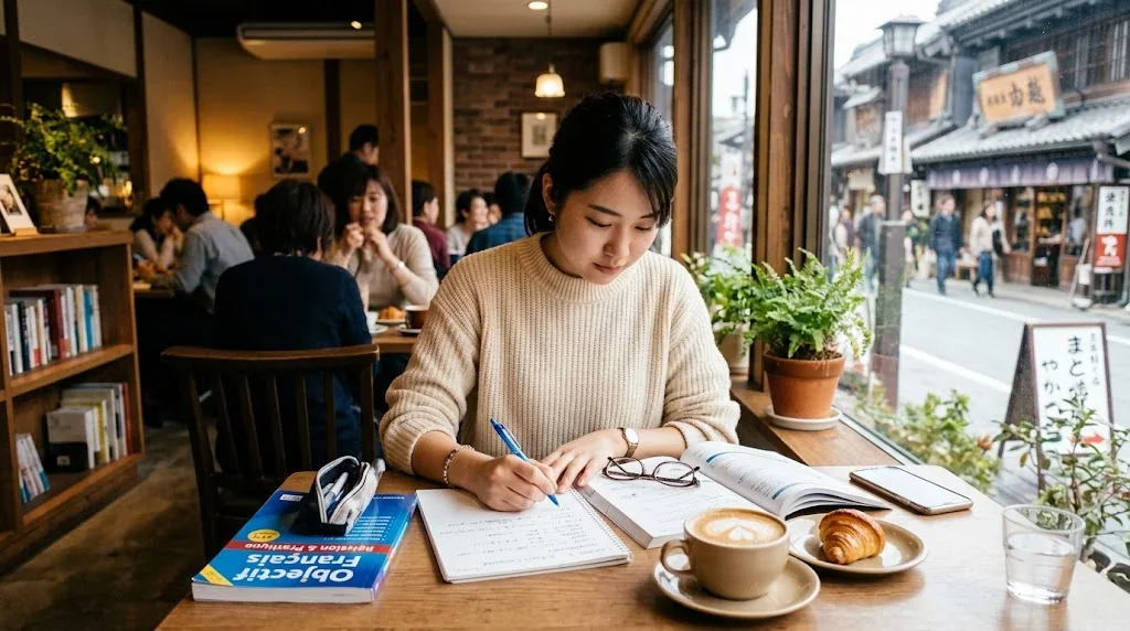 カフェで勉強する女性