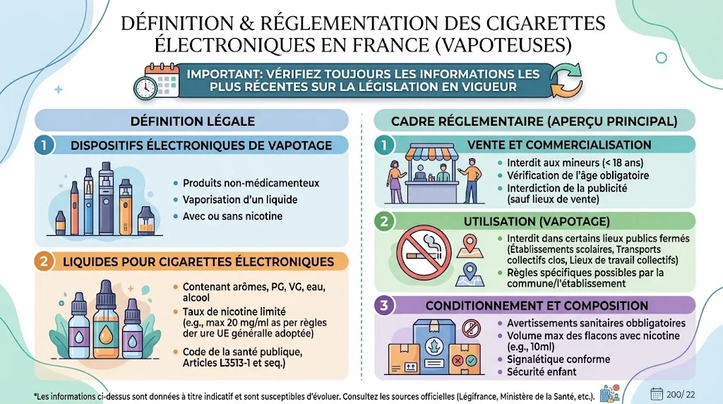 フランスにおける電子たばこの定義と販売・利用規制の法的枠組みインフォグラフィック