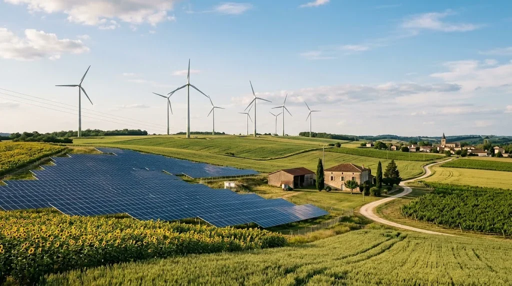 フランスの広大なひまわり畑と風力発電機